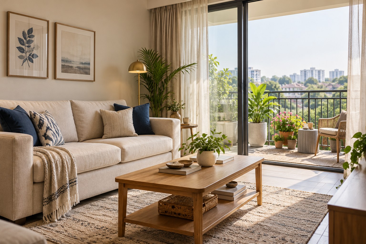 Bright apartment living room with comfortable seating and an open balcony